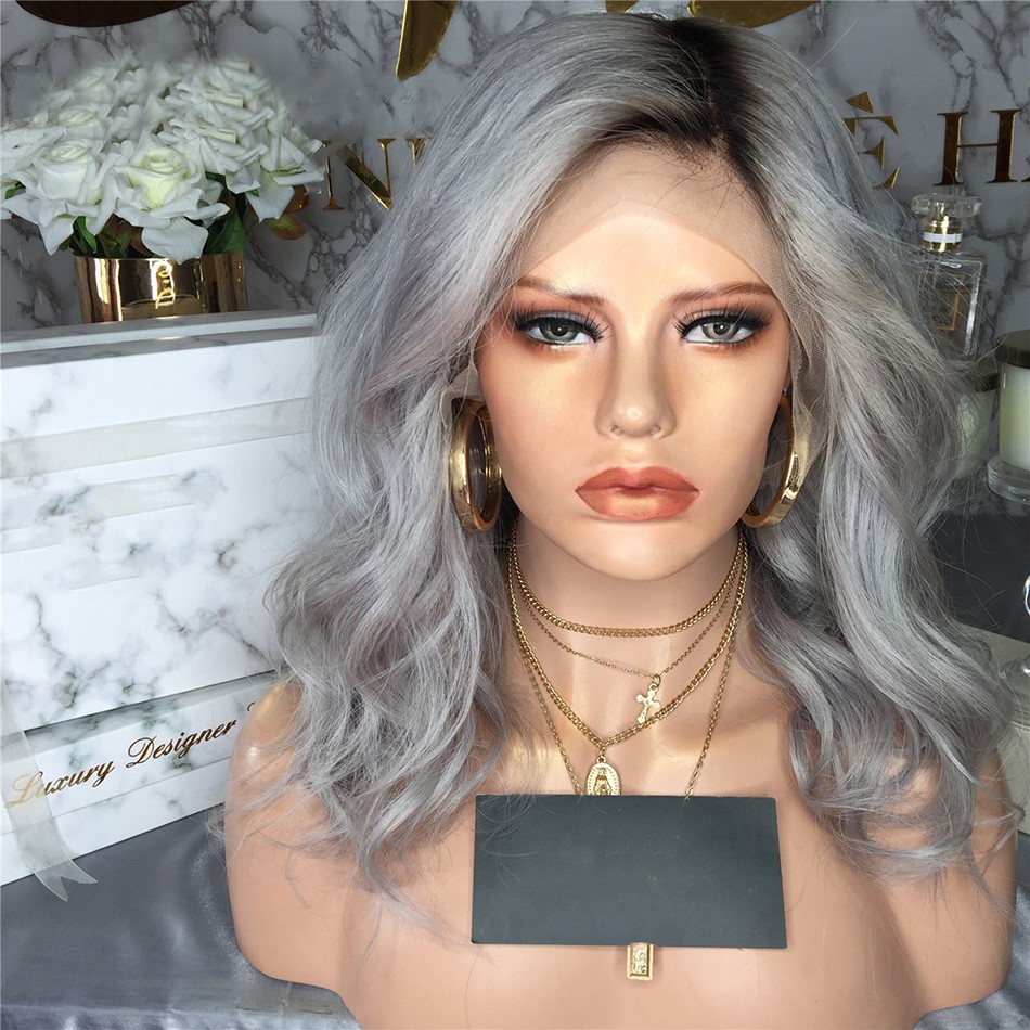 Uglam 1B/Grey 13X4 Lace Closure Wig Body Wave Virgin Hair